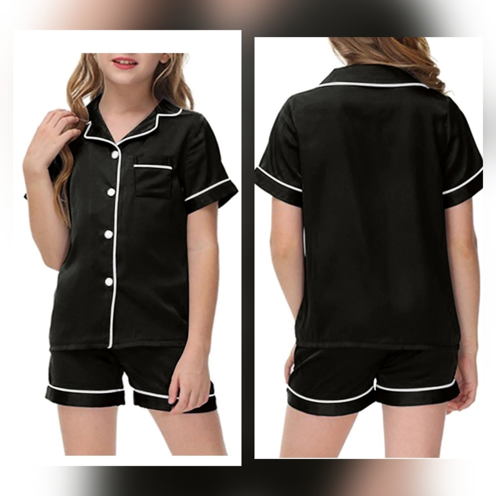 Black Short Sleeve satin pajama set for junior girls in US size 12